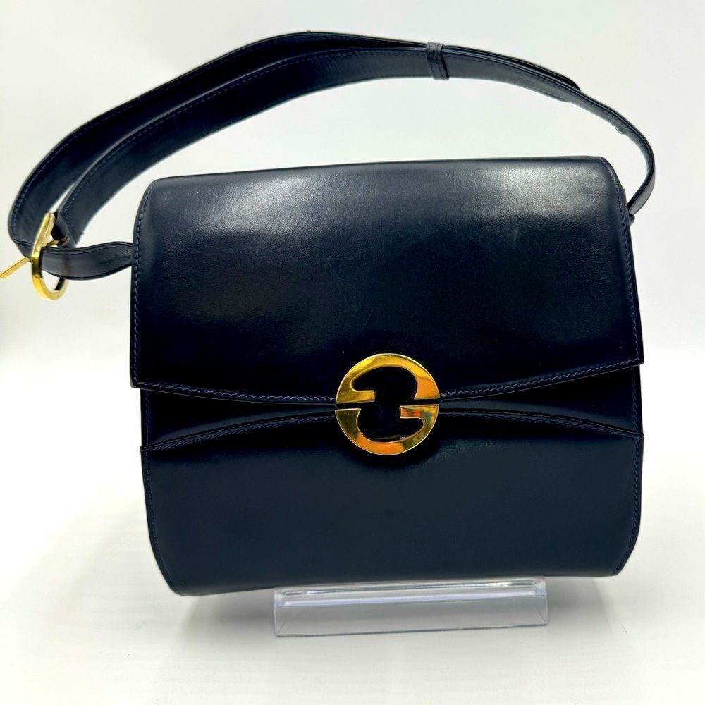 Auth Vtg Gucci 1973 Black Leather Double G Shoulder Bag